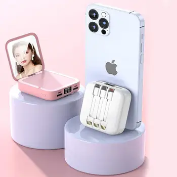 Портативное зарядное устройство с косметическим зеркалом, встроенными кабелями, блоком питания для iPhone, Samsung, Android Power Bank, 10000 мА
