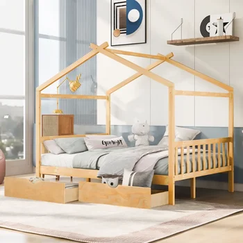 Детская кровать EUROCO в натуральную величину с двумя выдвижными ящиками, кровать-платформа из массива дерева для гостиной, натуральная
