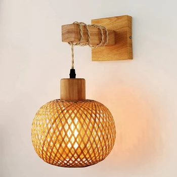 Ретро настенный светильник из плетеного ротанга, деревянные бра, прикроватная лампа для гостиной, винтажное украшение спальни, освещение