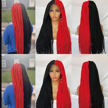 Кружевные фронтальные плетеные парики, длинные косички, парик для женщин, 36 дюймов, наполовину красные, наполовину черные синтетические волосы, косички, искусственные парики для головы