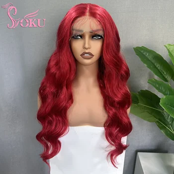 Синтетический кружевной фронтальный парик SOKU, бордовая объемная волна, волосы длиной 26 дюймов, модные кружевные парики с Т-образной частью и предварительно выщипанными детскими волосами для женщин