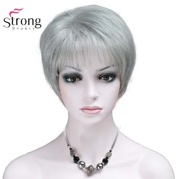 StrongBeauty Короткослойный пушистый серебристо-серый синтетический парик для женщин