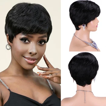 Черные короткие человеческие волосы, повседневный парик с пикси-стрижкой для чернокожих женщин, афро-бразильский парик Remy из человеческих волос, прямые многослойные волосы машинного производства
