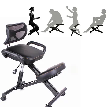 Эргономичное кресло для колен со спинкой и ручкой, Офисное кресло для колен, Эргономичная поза, Кожаное черное кресло на колесиках